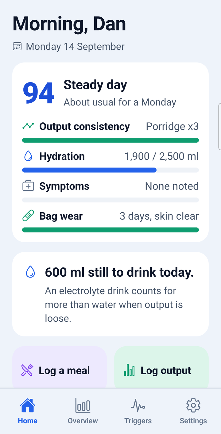 The Home tab: a day score, hydration, output and bag wear, and four log buttons