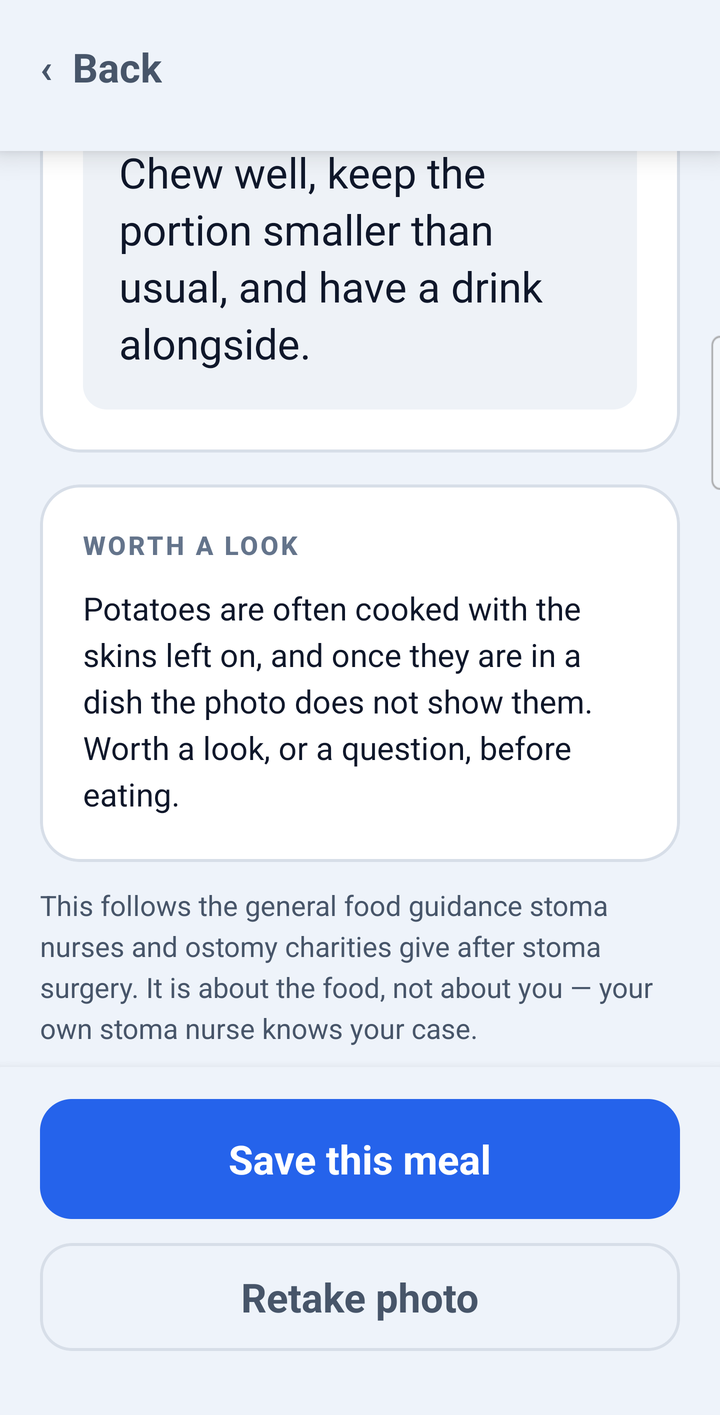 The app saying not every item in a stew could be seen from the photo, and what is worth checking